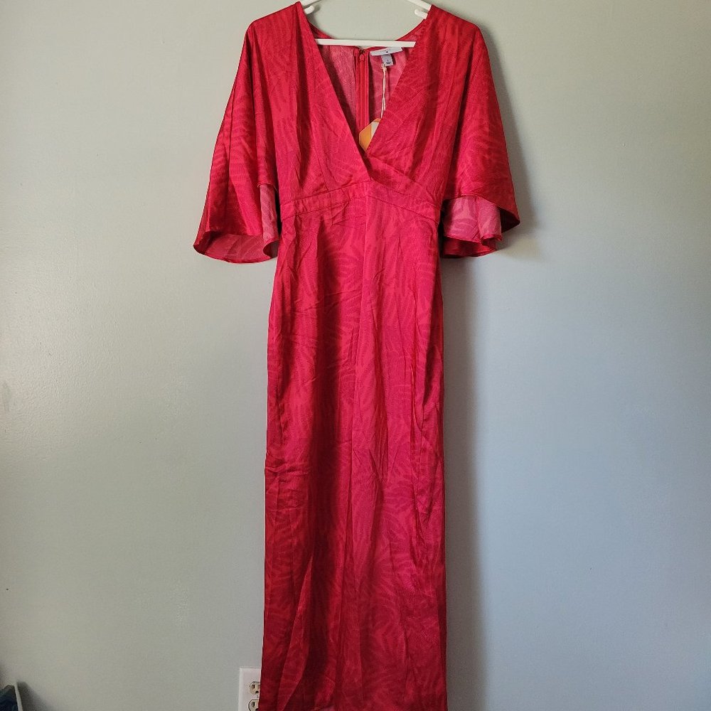 Fe Noel Red Floral Dress Women's 4 V-Neck Zipper Closure Maxi NWT